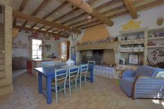 a living room filled with furniture and a fire place in the middle of a kitchen