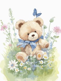 a teddy bear sitting in the grass with daisies and butterflies on it's back