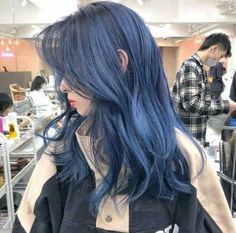 Dark Blue Hair With White Highlights, Dark Blue And Blonde Hair, Denim Blue Hair, Blue Hair Color Ideas, Blue Hair Color, Denim Hair, Dyed Hair Blue, Dark Blue Hair, Hair Color Streaks