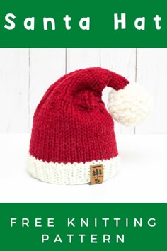 a red and white knitted santa hat with the text free knitting pattern on it