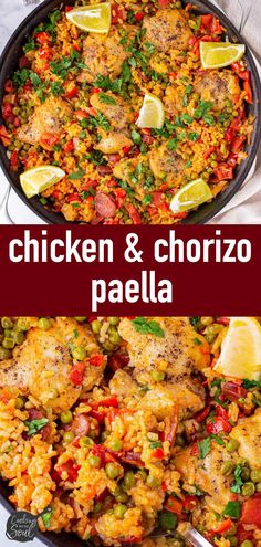 chicken and chorizo paella in a skillet with lemon wedges on the side