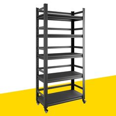 a black shelf with four shelves on each side and yellow flooring in the background