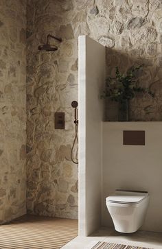 a white toilet sitting next to a stone wall in a bathroom under a shower faucet