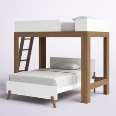 a bunk bed with a white mattress underneath it and a ladder to the top that is attached