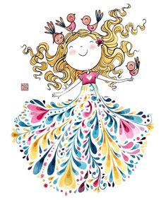 a watercolor drawing of a girl in a dress with birds on her head and long blonde hair