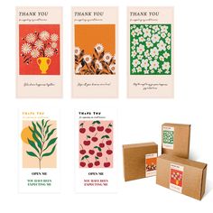 four greeting cards with flowers and fruit on them, one is for someone to thank you