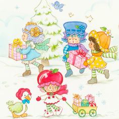 children with presents in the snow near a christmas tree and bird on a sleigh