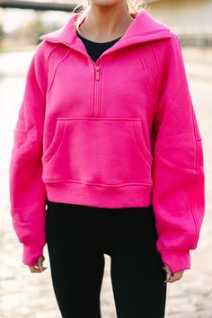 We are absolutely obsessing over this pullover! It's so cute with dramatic collar and the kangaroo pouch! Plus, we really like that slightly cropped hem. It gives this pullover a trendier feel. Collared partial zip neckline Long sleeves with thumb holes Kangaroo pocket Fleece inside Fair amount of stretch Baileigh is wearing the small. Dramatic Collar, Hot Pink Outfit, Outfit Hoodie, Pink Pullover, Cruise Outfits, Cute Spring Outfits, Mint Julep Boutique, Casual Work Outfits, Kangaroo Pouch