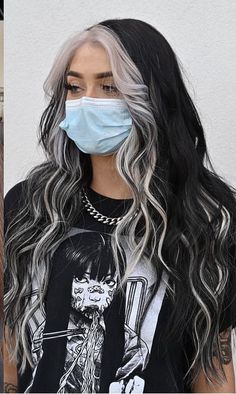 Black Hair With Silver Underneath, Dark Hair With Blonde Underneath, Black Hair With Blonde Front Pieces, Long Colored Hair, Half Blonde Half Brown Hair, Western Hair Color, Black Hair With White, Black Colored Hair, High Contrast Hair