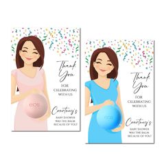 two pregnant women with balloons and confetti on them, one is holding a baby bump