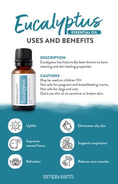 Eucalyptus Essential Oil is a great addition to anyone's essential oil kit. It can be used in so many different recipes and is packed full of benefits. Eucalyptus Essential Oil Uses, Esential Oils, Simply Earth, Essential Oils Kit, List Of Essential Oils