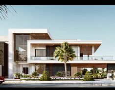 an artist's rendering of a modern house with palm trees in the front yard