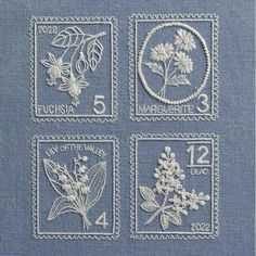 four different stamps with flowers and leaves on them, all made out of white thread