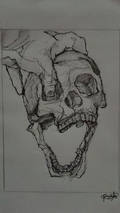 a black and white drawing of a skull with its teeth missing from it's mouth