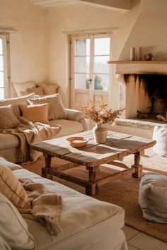 a living room filled with furniture and a fire place