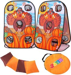 two children's backpacks with turkey faces on them and an orange frisbee