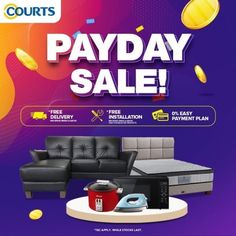 a couch, chair and ottoman with the words pay day sale on it