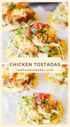 chicken tostadas with shredded cheese, tomatoes and lettuce on the side