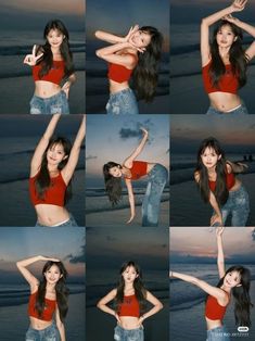 several pictures of a woman in red shirt doing different poses on the beach at night