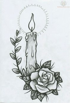 a drawing of a candle with roses on it