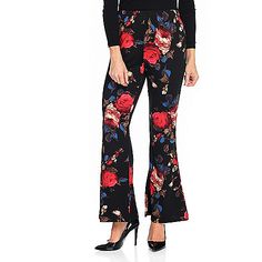 744-834 - Kate & Mallory® Printed Knit Elastic Waist Flared Leg Pull-on Pants Trendy Floral Print Bottoms For Loungewear, Red Floral Print Bottoms For Fall, Floral Print Loungewear Pants For Fall, Chic Stretch Pants With Floral Print, Chic Printed Pants For Fall, Printed Stretch Bottoms For Loungewear, Stretch Floral Print Pants For Loungewear, Chic Floral Print Pants For Fall, Trendy Floral Print Ankle-length Bottoms