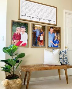 three family pictures hanging on the wall above a bench with a plant in front of it