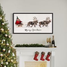 a christmas tree with stockings hanging from it's branches next to a fire place