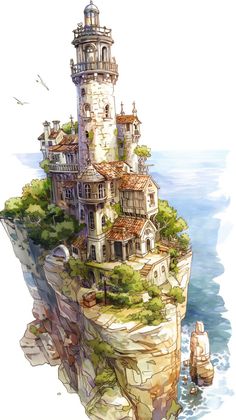 an artistic drawing of a castle on top of a cliff in the ocean with a sailboat nearby