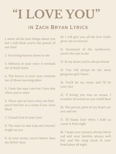 i love you in zach ryan lyrics on a beige background with the words above it