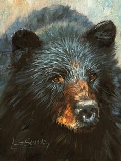 an oil painting of a black bear's head and shoulders, with brown eyes