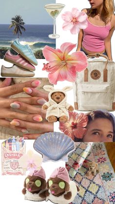 a collage of photos with various items including shoes, a handbag and a woman's face