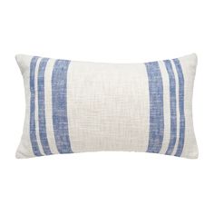 a blue and white striped pillow on a white background