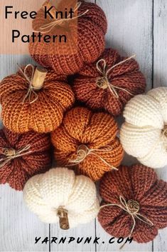 knitted pumpkins with text overlay that says free knitting pattern