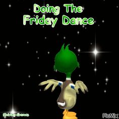 a cartoon character is doing the friday dance with stars in the sky behind him and text that reads, doing the friday dance