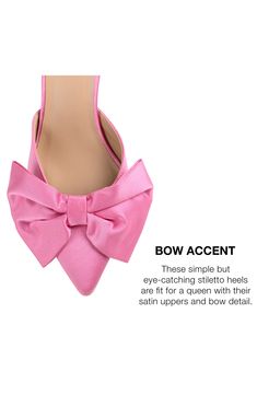 A floppy bow charms the pointed toe of a sophisticated mule set on a sensible mule. 3" heel Textile upper/synthetic lining and sole Imported Chic Heels With Detachable Bow And Pointed Toe, Evening Heels With Detachable Bow And Pointed Toe, Formal Heels With Detachable Bow And Pointed Toe, Feminine Formal Heels With Bow Straps, Formal Feminine Heels With Bow Straps, Pink Pointed Toe Heels With Bow Straps, Feminine Slingback Pumps With Bow Straps For Party, Pointed Toe Heels With Bow Straps For Party, Pointed Toe Heels With Bow Straps For Events