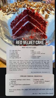 a red velvet cake with white frosting and nuts on top is shown in this recipe