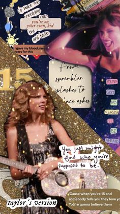 a collage of photos with words and pictures on it, including an image of a woman holding a guitar