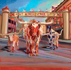 an oil painting of two bulls walking down the street in front of a sign that says first ward stock yard