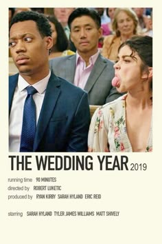 the wedding year movie poster with two men in suits and one woman sticking her tongue out