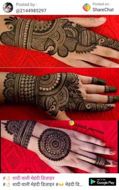 two pictures of henna on the left and right hand, one with an intricate design