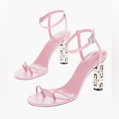 Product Is Brand New, As Pictured, With All Original Belongings (Tags, Dustbag, Box Etc - If Applicable) Three-Toed Sandals In Smooth Nappa Lambskin Leather. Color: Baby Pink Thin Strap With Metal G Buckle Around The Ankle. G Sculpted Heel In Light Silver Resin. Black Leather Insole With Givenchy 4g Signature. Heel Height: 3.3 In. Composition: 100% Lambskin Leather. Lining: 100% Goatskin Leather. Country Of Origin: Italy. Givenchy Heels, Imvu Outfits, Imvu Outfits Ideas Cute, Givenchy Shoes, Outfits Ideas, Heeled Sandals, Lambskin Leather, Baby Pink, Shoes Women Heels