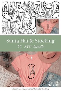 the santa hat and stocking svg bundle is shown on top of a wooden table