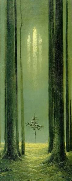 a painting of a forest with trees and grass in the foreground, on an iphone screen