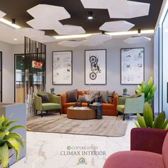 a living room filled with lots of furniture next to a wall mounted art work on the ceiling