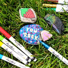 some rocks and markers are laying on the grass