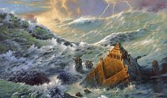 a painting of a ship sinking in the ocean with lightning above it and people standing around