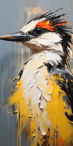 a painting of a bird with orange, white and black feathers