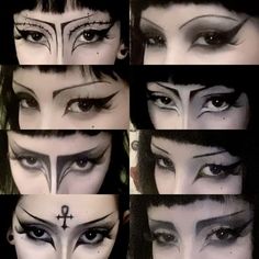 Goth Makeup Looks With Glasses, Trad Goth Eye Makeup, Goth Makeup No Eyebrows, Graphic Makeup Looks, Trad Goth Makeup Ideas, Goth Character Design, Goth Looks