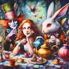 a painting of alice and the white rabbit sitting at a table with teapots