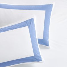 Blue and white percale pillow shams Hudson Grace, Kid Rooms, Fine Linen, Wide Bands, Extra Long, Pillow Shams, Bedroom Ideas, Interior Styling, Color Palette